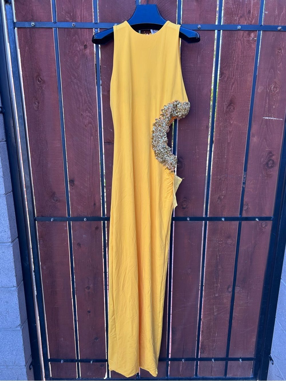 NWT BRONX AND BANCO Camila Yellow Rhinestone Cutout Maxi Dress size large/8US - Picture 2 of 14